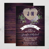 Rustic Heart PHOTO Wedding nodigt Paars hout uit Kaart (Voorkant / Achterkant)