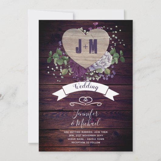 Rustic Heart Purple Flowers Wedding Kaart (Voorkant)
