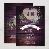 Rustic Heart Purple Flowers Wedding Kaart (Voorkant / Achterkant)
