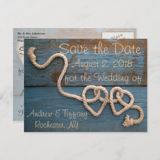 Rustic Heart Rope Wedding Red de datum Aankondigingskaart (Voorkant / Achterkant)