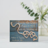 Rustic Heart Rope Wedding Red de datum Aankondigingskaart (Staand voorkant)