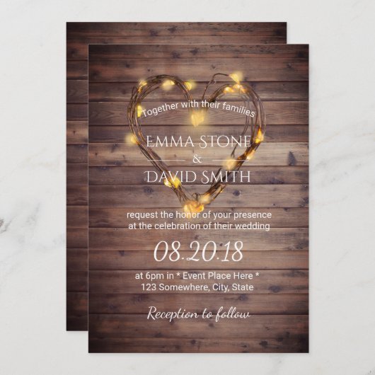 Rustic Heart String Lights Country Barn Wedding Kaart (Voorkant / Achterkant)