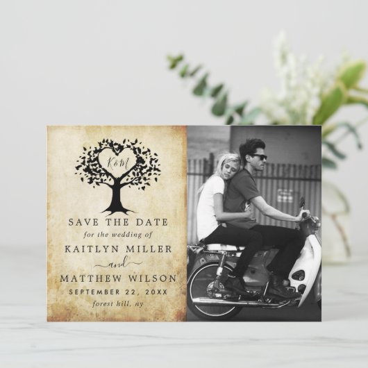 Rustic Heart Tree Weddenfoto slaat de datum op Save The Date (Staand voorkant)