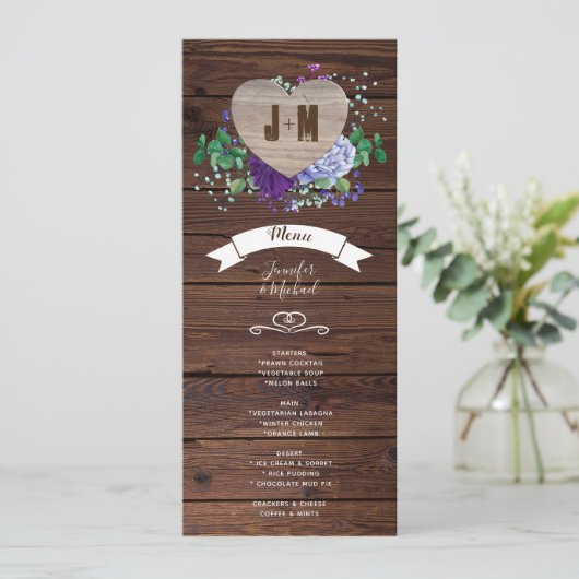 Rustic Heart Wedding Menu Blue Waterverf Flowers Kaart (Staand voorkant)