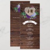 Rustic Heart Wedding Menu Blue Waterverf Flowers Kaart (Voorkant / Achterkant)