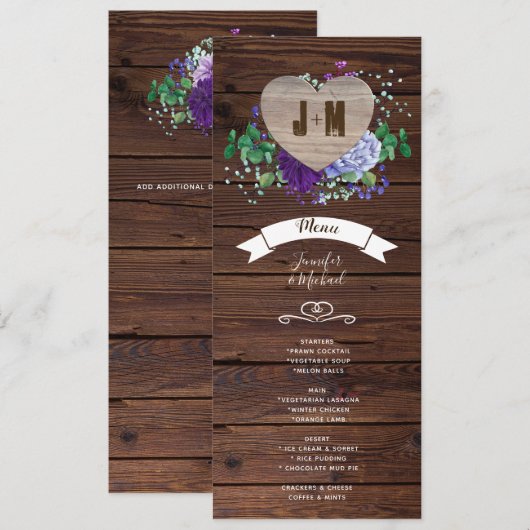 Rustic Heart Wedding Menu Blue Waterverf Flowers Kaart (Voorkant / Achterkant)