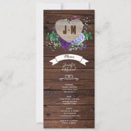 Rustic Heart Wedding Menu Blue Waterverf Flowers Kaart