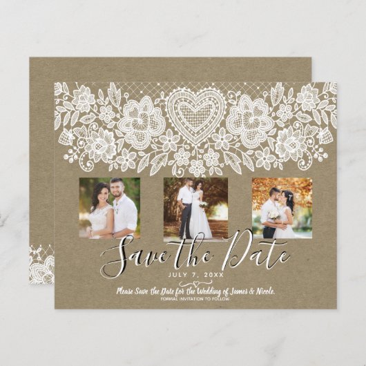 Rustic Heart White Lace Kraft Photo Save the Date (Voorkant / Achterkant)