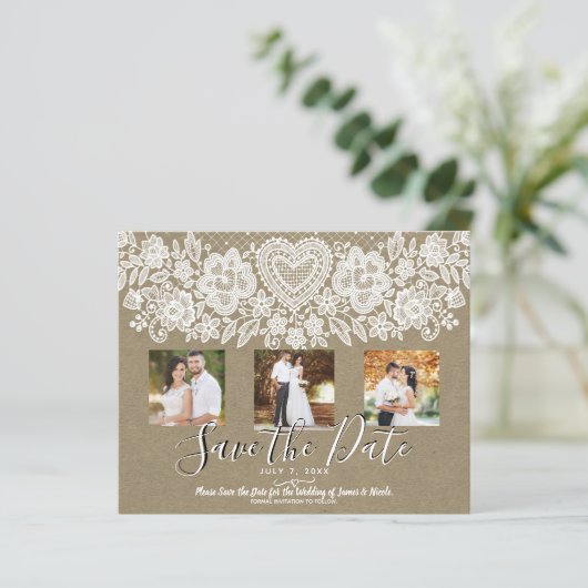 Rustic Heart White Lace Kraft Photo Save the Date (Staand voorkant)
