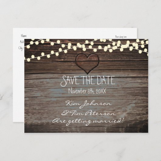 Rustic Heart Wood Wedding Briefkaart Bewaar de dat (Voorkant / Achterkant)