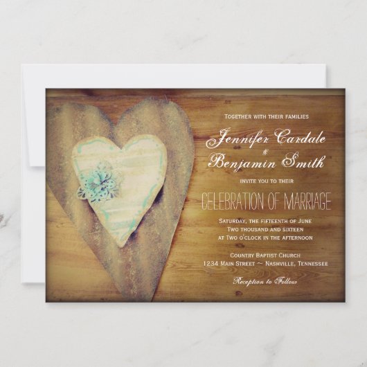 Rustic Hearts Barn Wood Country Wedding Invites Kaart (Voorkant)