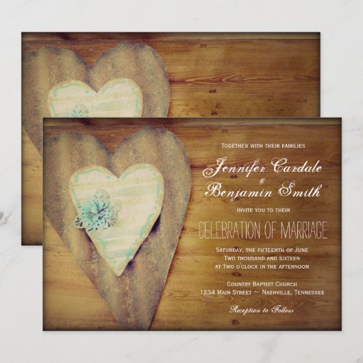 Rustic Hearts Barn Wood Country Wedding Invites Kaart (Voorkant / Achterkant)