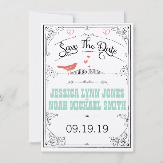 Rustic Hearts Mint Coral sparen de Datum Save The Date (Voorkant)