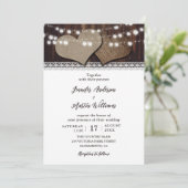 Rustic Hearts String Lights Lace Barn Wood Wedding Kaart (Staand voorkant)