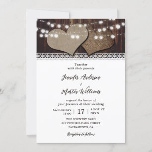 Rustic Hearts String Lights Lace Barn Wood Wedding Kaart