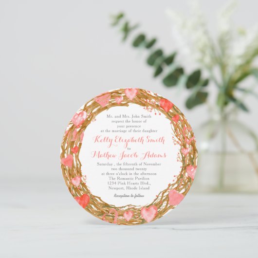 Rustic Hearts Wreath Wedding Invitation Kaart (Staand voorkant)