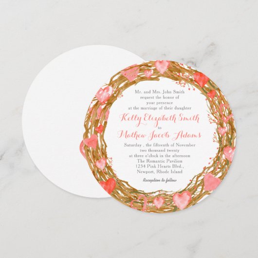 Rustic Hearts Wreath Wedding Invitation Kaart (Voorkant / Achterkant)
