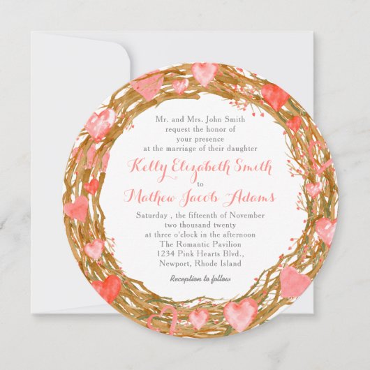 Rustic Hearts Wreath Wedding Invitation Kaart (Voorkant)