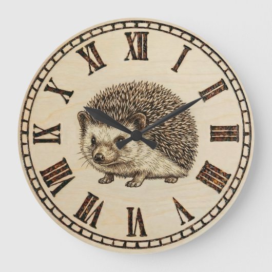 Rustic Hedgehog Wall Clock – Woodland Wooden Style Grote Klok (Voorkant)