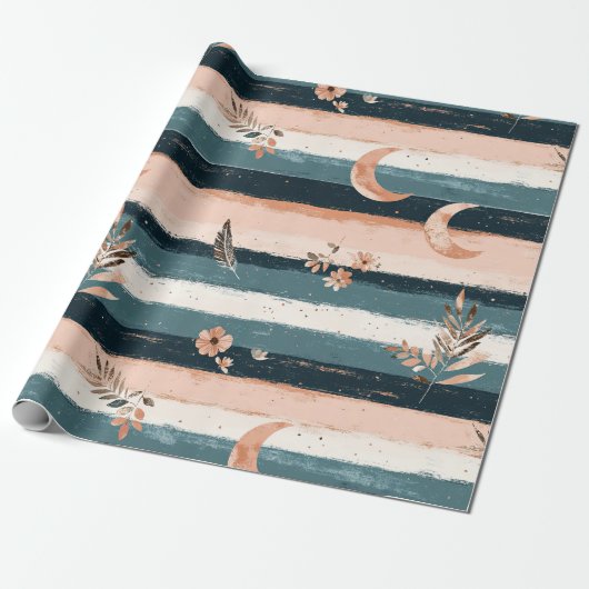 Rustic Hemels Streeppatroon Maan Zon Aards (2) Cadeaupapier (Uitgerold)