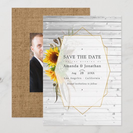 Rustic Herbarium - zonnebloemen Bohemian Wedding Save The Date (Voorkant / Achterkant)
