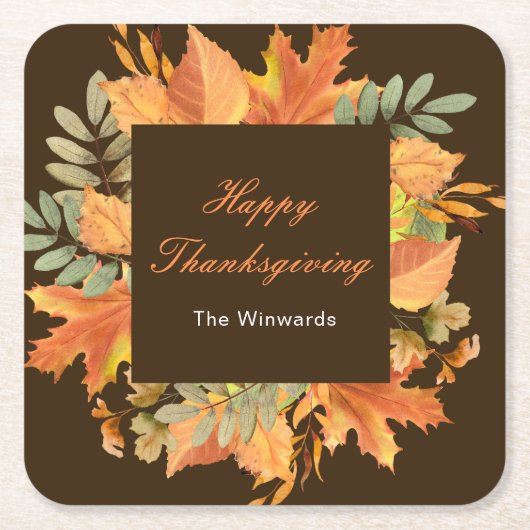 Rustic Herfst Bladeren Vierkant Thanksgiving Kartonnen Onderzetters (Voorkant)