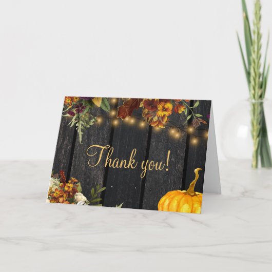 Rustic herfst bloem goud script schuur hout bedankkaart (Voorkant)