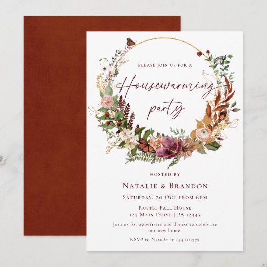 Rustic Herfst Floral Housewarming Party Kaart (Voorkant / Achterkant)