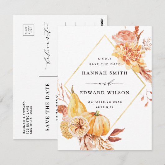 Rustic Herfst Floral Wedding Photo Save the Date Briefkaart (Voorkant / Achterkant)