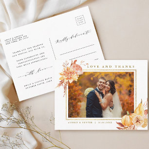 Rustic Herfst Gold Floral Weddenschap Foto bedankt Briefkaart