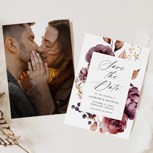 Rustic Herfst Marsala Bloemstuk Foto Bruiloft Save The Date