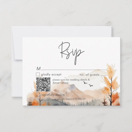 Rustic Herfst Mountain Scene Waterverf QR-code RSVP Kaartje (Voorkant)