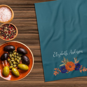 Rustic Herfst Oranje Marineblauw Bloemmotief Theedoek
