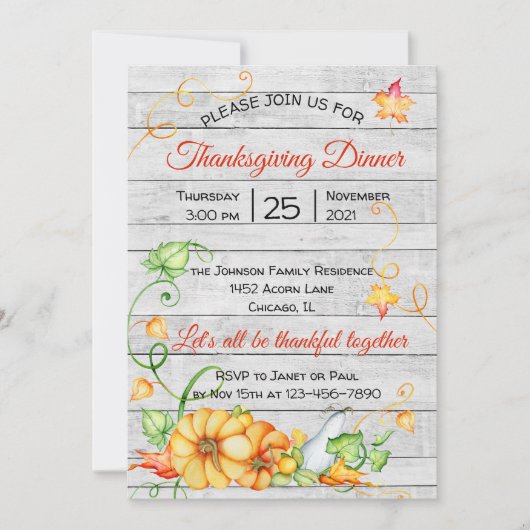 Rustic Herfst Pompoen Bloemstuk Thanksgiving Diner Kaart (Voorkant)