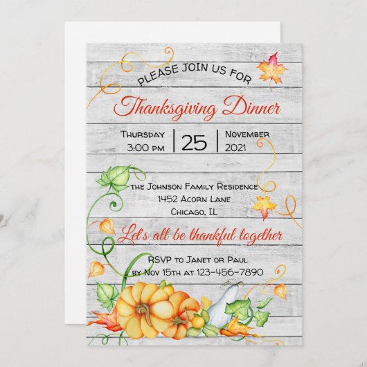 Rustic Herfst Pompoen Bloemstuk Thanksgiving Diner Kaart (Voorkant / Achterkant)