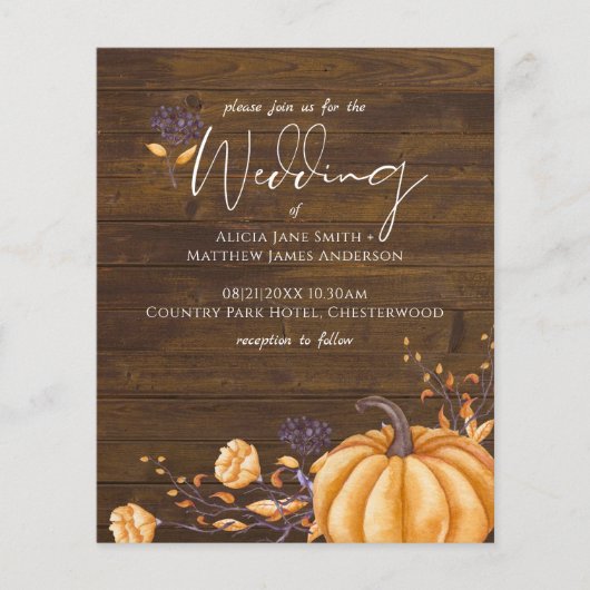 Rustic Herfst Pumpkin Wedding Budget Uitnodigingen (Voorkant)