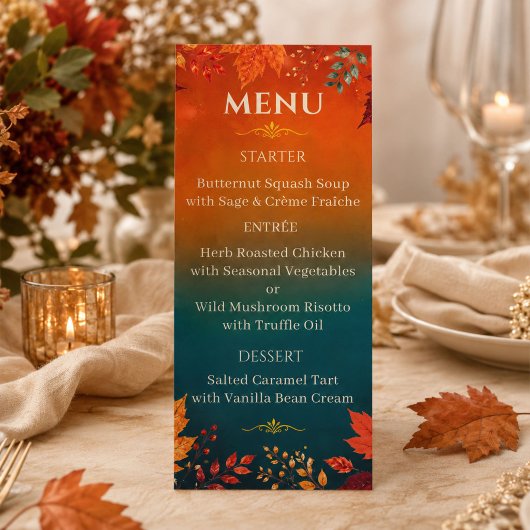 Rustic Herfst Teal en Oranje Bladeren Menu