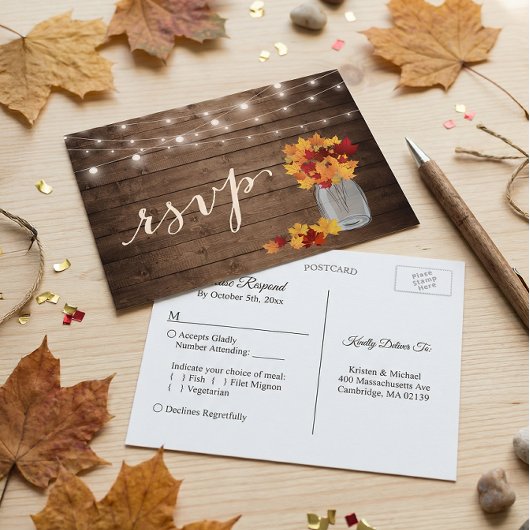 Rustic Herfstbladeren Metselwerk Pot String Lichtj Uitnodiging Briefkaart