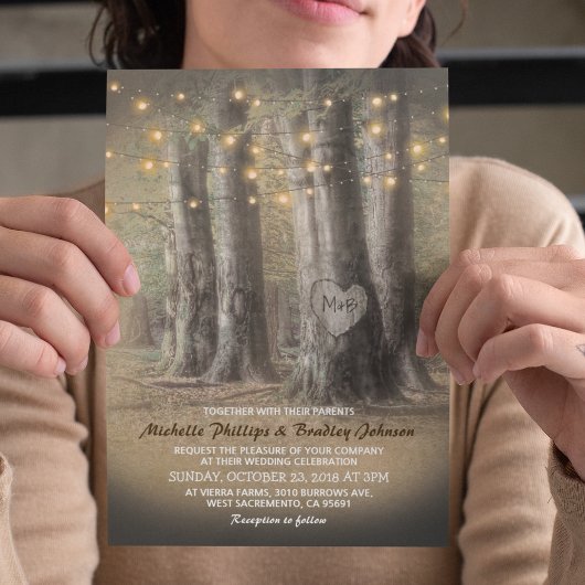 Rustic Herfstboom & Slingerlichten Bruiloft Kaart