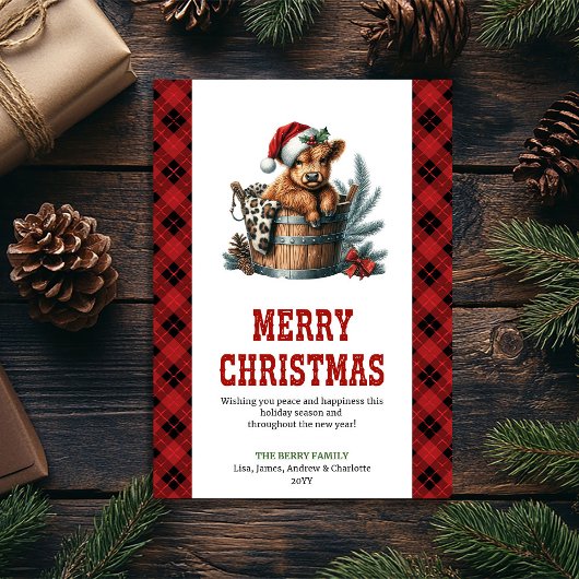 Rustic highland cow Christmas greeting card art Feestdagenkaart