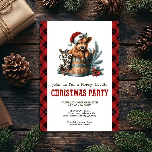Rustic highland cow Christmas party invitation Kaart