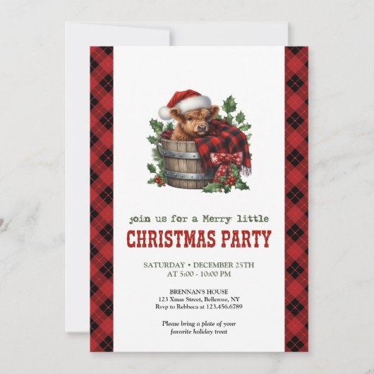 Rustic highland cow party invite holly and pine kaart (Voorkant)