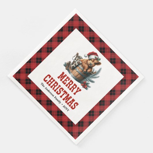 Rustic highland cow red black plaid Xmas napkin Servet (Hoek)