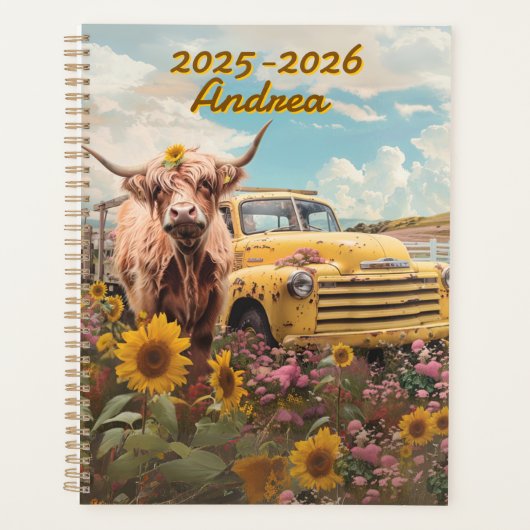 Rustic Highland Cow Vintage Truck Sunflowers  Planner (Voorkant)