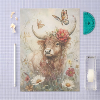 Rustic Highland Cow With Butterfly Decoupage Tissuepapier