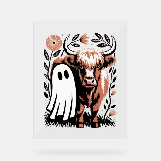 Rustic Highland Koe Ghost Halloween Acryl Bord (Voorkant)
