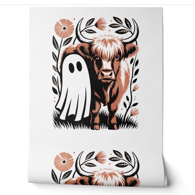 Rustic Highland Koe Ghost Halloween Behang (Afrollen)