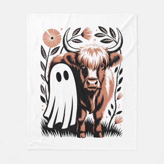 Rustic Highland Koe Ghost Halloween Fleece Deken (Voorkant)