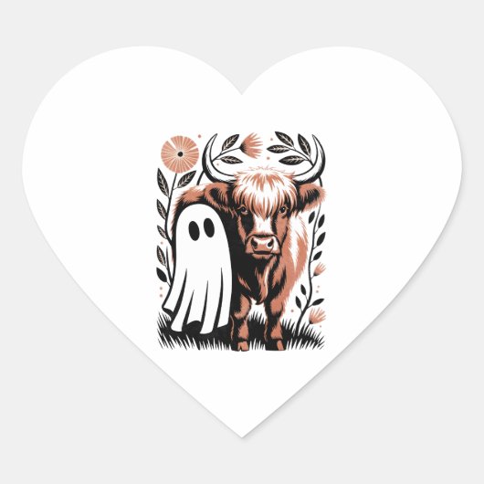 Rustic Highland Koe Ghost Halloween Hart Sticker (Voorkant)