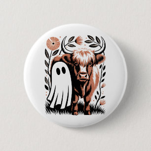 Rustic Highland Koe Ghost Halloween Ronde Button 5,7 Cm